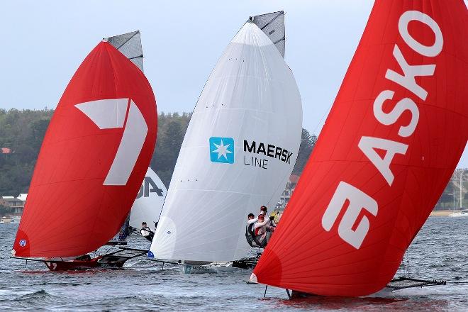 Asko leads Maersk Line and Team Seven down the spinnaker run - 2015 JJ Giltinan 18ft Skiffs Championship, Race 5 © Frank Quealey /Australian 18 Footers League http://www.18footers.com.au